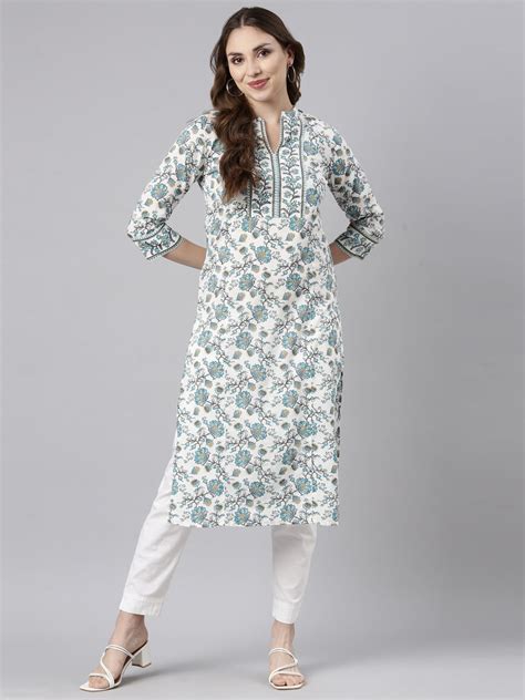 Neerus Turquoise Blue Regular Straight Floral Kurtas – Neerus India