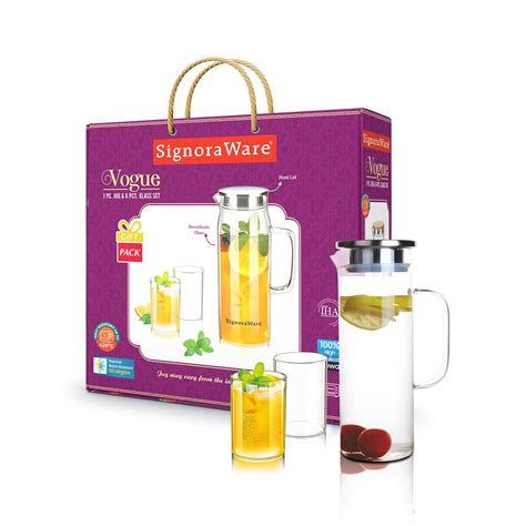 Vogue Jug Steel Lid 1000 ml & 6 Glass (295 ml each) Gifting Set ...