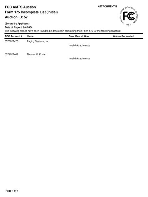 Fillable Online FCC AMTS Auction Form 175 Incomplete List (Initial ...