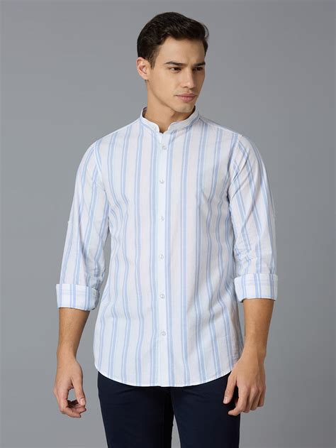 White & Blue Stripe 100% Cotton Slim Fit Casual Roll Up Full Sleeve Sh