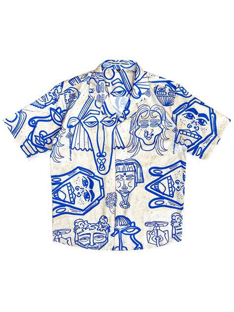 Blue-Beige Illustration Printed Shirt- Drugstore Cowboy