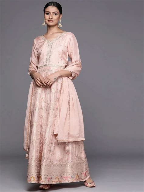 Buy Peach Self Design Silk Anarkali Kurta With Churidar & Dupatta ...