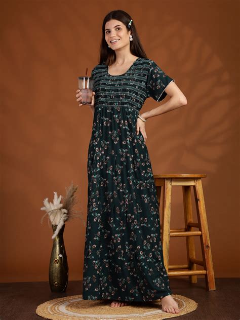 Dark Green Smokey Floral Alpine Nighty for Women with Pocket – 9shines ...
