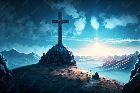 Premium Photo | Shining cross on calvary hill golgotha blue sky sunset ...