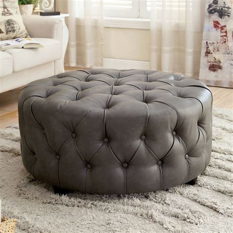 House of Hampton Turquoise Leather Tufted Round Ottoman | Tufted ...