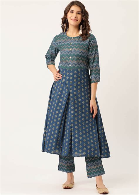 Get Teal Blue & Green Printed Kurta with Trousers at ₹ 1049 | LBB Shop