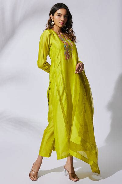 CYRA- LIME GREEN PURE CHANDERI EMBROIDERED KURTA SET - The Aarya Shop