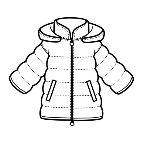 Padded downy winter jacket with hood outline for coloring on a white ...