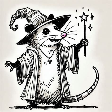 Wizard Possum Funny Witch with a magic wand Pencil Drawing | Masal