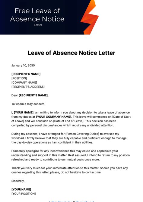 Free Leave of Absence Notice Letter Template to Edit Online