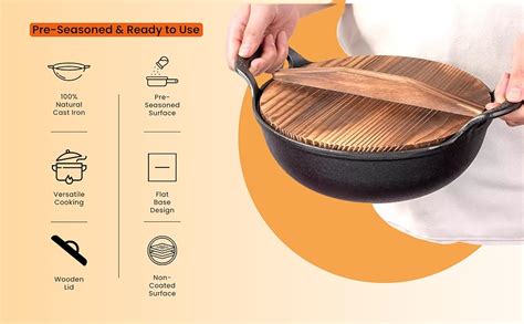 HomeEssentials Cast Iron Kadai with Wooden Lid | Pre Seasoned Iron ...