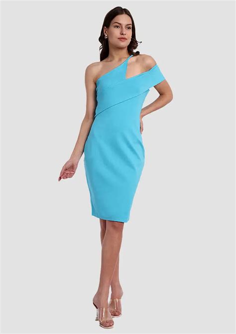 Light Blue One Shoulder Cut-Out Strap Detail Bodycon Midi Dress - IKI ...