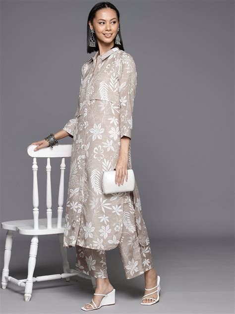 Varanga Women Grey Shirt Collar Side Slit Tunic With Tonal Printed ...