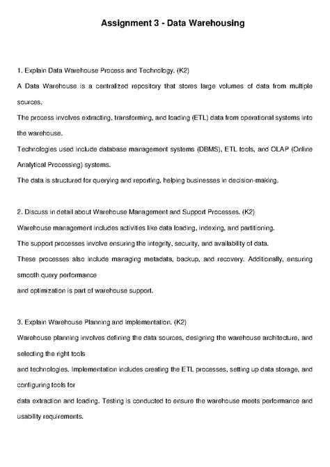 Data Warehousing Assignment 3: Processes, Management, and Planning ...