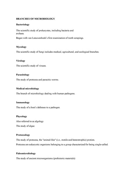 Branches of Microbiology - BRANCHES OF MICROBIOLOGY Bacteriology The scientific study of - Studocu