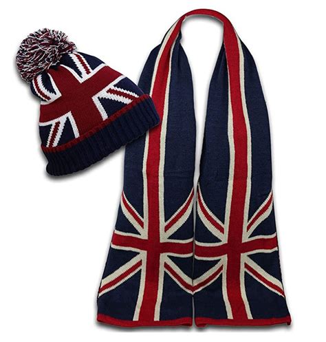 Union Jack Woolen Scarf With Beanie Set Unisex Blue British Flag Print ...