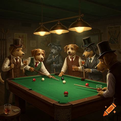 Anthropomorphic dogs playing pool and drinking whiskey on Craiyon