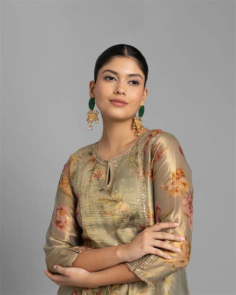 GREEN OLIVE PRINTED TISSUE ANARKALI SET – Aari