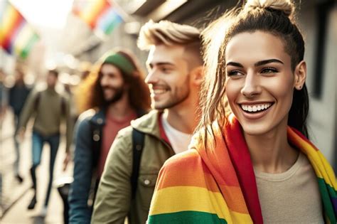 Group of young people celebrate gay pride day carrying flags ai ...