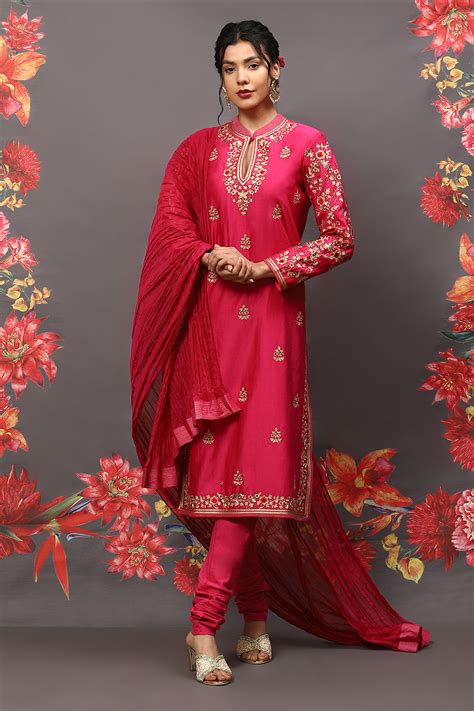 Rohit Bal Fuschia Cotton Blend Straight Kurta Suit Set
