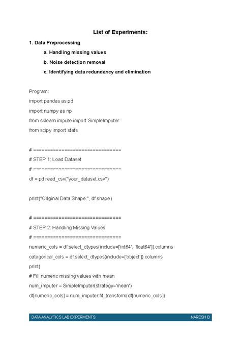 DATA ANALYTICS LAB EXPERIMENTS: Data Preprocessing & Imputation ...