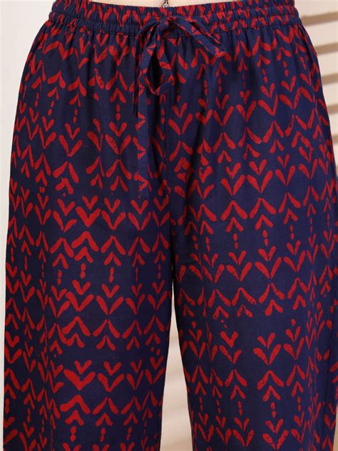 Blue Cotton Calf Length Printed Round Neck Flared Kurta Suit Set ...