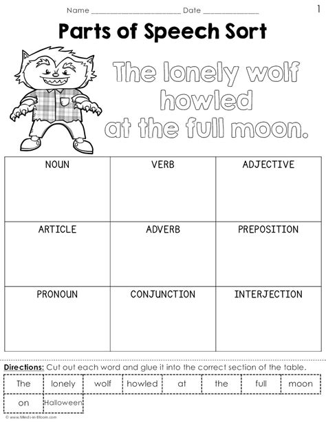 Halloween Parts of Speech Sort - Cut and Paste worksheet-printables ...