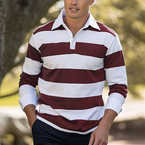 Men's Striped Rugby Polo Shirts Long Sleeve Polo Shirts Collar Business ...