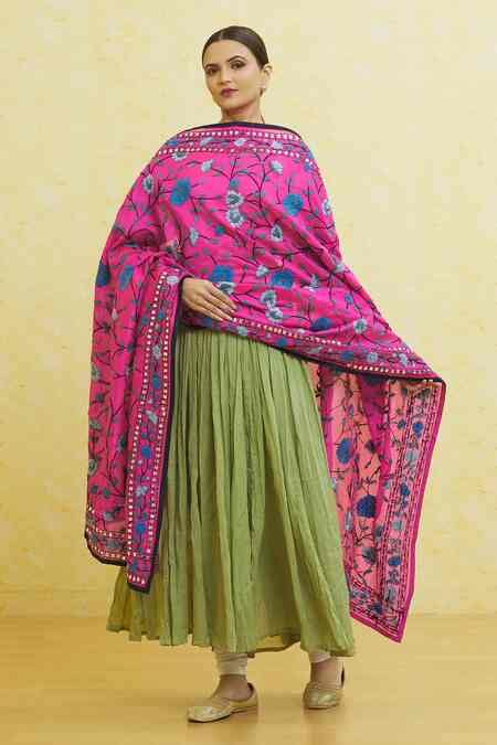 Buy Pink Chanderi Mirrors Floral Pattern Phulkari Dupatta For Women by ...