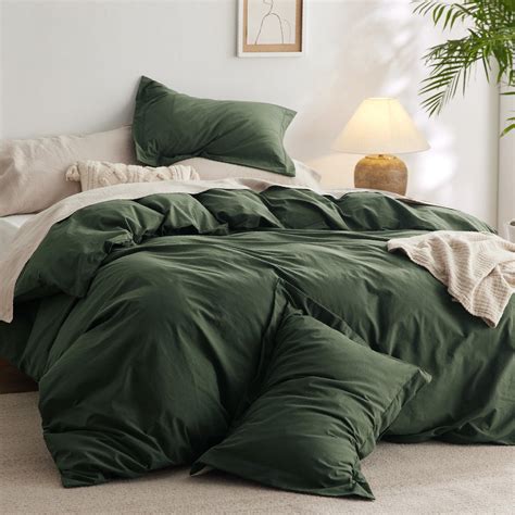 Bedsure 100% Washed Cotton Duvet Cover Queen - Olive Green Minimalist ...
