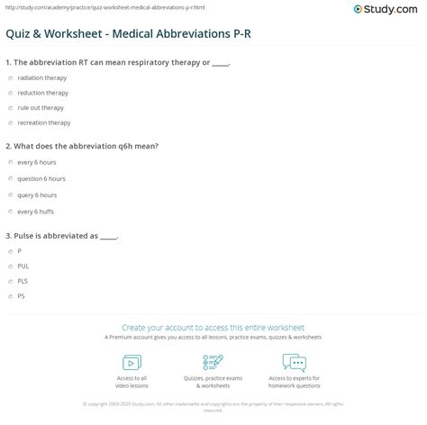Quiz & Worksheet - Medical Abbreviations P-R | Study.com