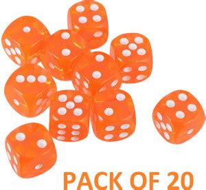 Brightstar Pack of 20 Ludo Dice Transparent Plastic Dice 16 mm Orange ...