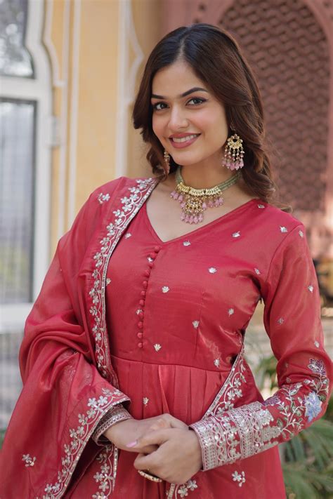 Red Elegant Viscose Cosmos Embroidered Anarkali Set with Dup