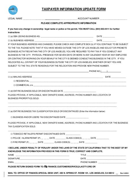 2022 CA Taxpayer Information Update Form - City of Los Angeles - Blank ...