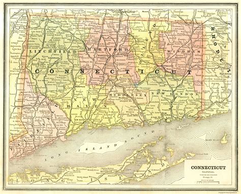 Historic State Map - Connecticut - Cram 1886 - Vintage Wall Art ...