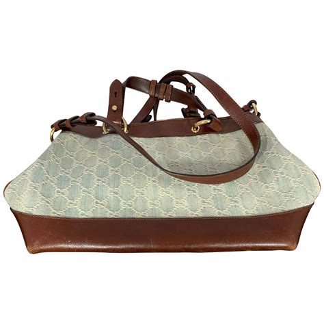 GUCCI Tote Light Bag Blue Canvas Purse with Brown Leather at 1stDibs ...