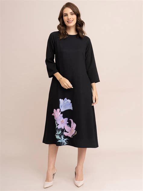 Buy Black Floral Print A-Line Dress Online | FableStreet