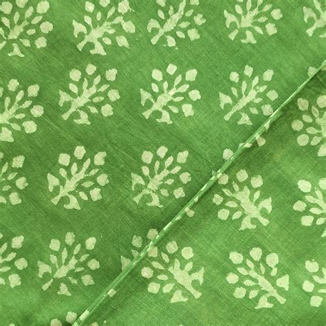 Pure Cotton Dabu Green With Plant Motif Hand Block Print Fabric – Sanskruti