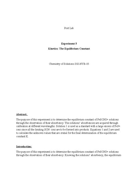 Chem 202-NYB - Lab Report on Kinetics and Equilibrium Constant - Studocu
