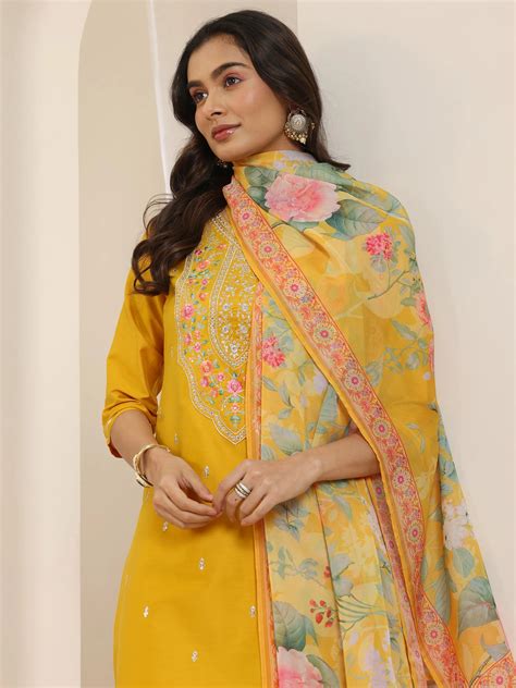 Buy Mustard Embroidered Silk Blend Straight Suit Set With Dupatta ...