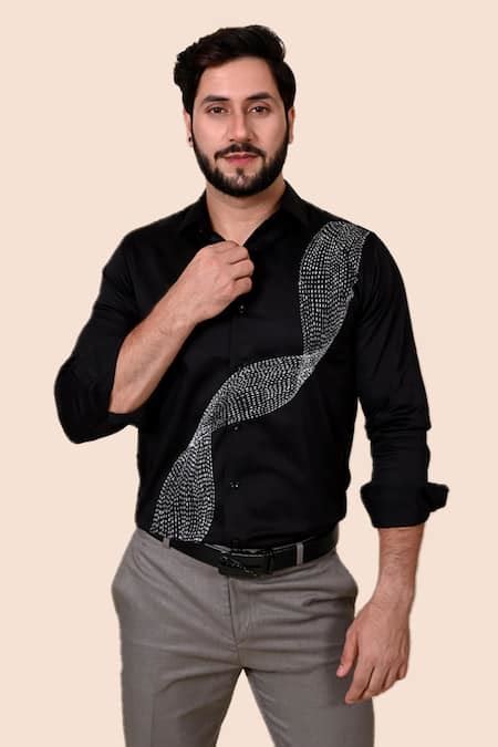 Buy Black Cotton Blend Hand Painted Wave Motif Button Down Shirt For ...