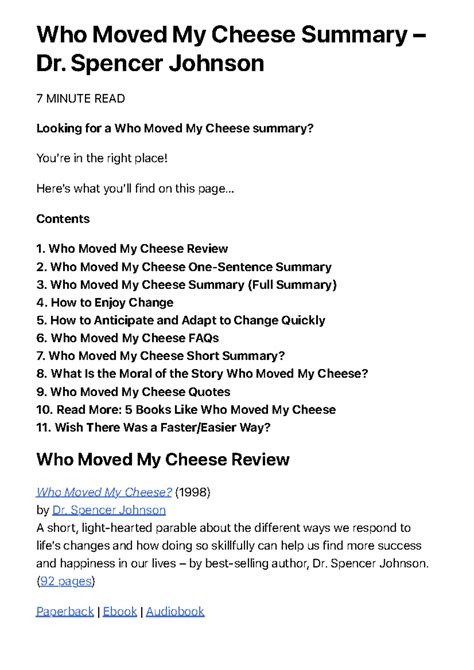 Who Moved My Cheese PDF Summary - Who Moved My Cheese Summary 3 Dr ...