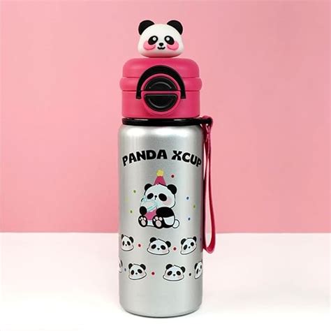 DailyAlley Panda Water Bottle - A silver stainless steel thermos for k ...