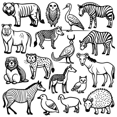 A collection of various animals illustrated in black and white ...