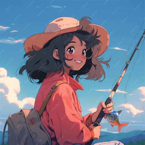 Anime girl with a fishing rod and a backpack on a beach generative ai ...