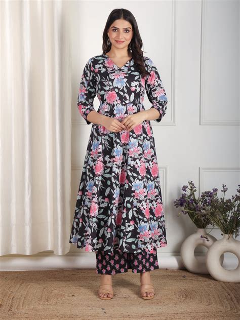 Buy Soft Cotton Floral Flared Black Kurta TP8438T | Aramya
