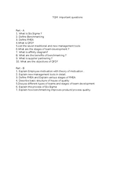 TQM questions - Notes - TQM important questions Part - A What is Six ...