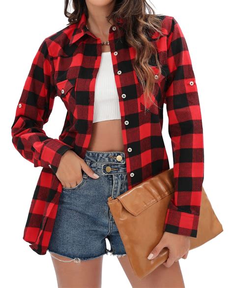 Siliteelon Women's Long Sleeve Red Plaid Flannel Shirt with Roll Up ...