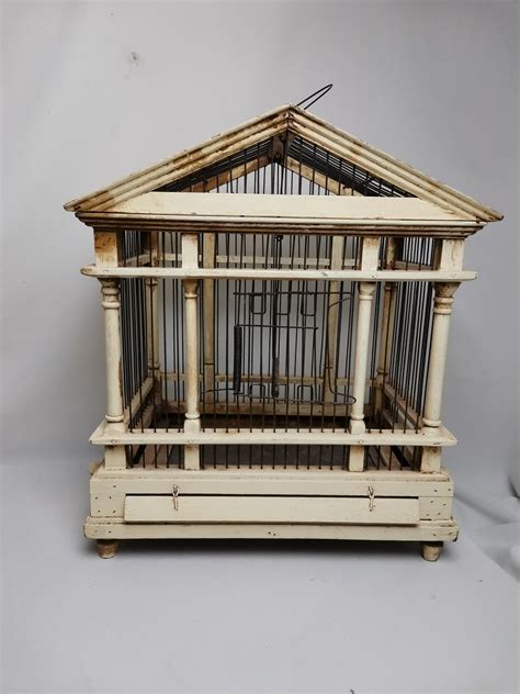 Antique Wooden Bird Cage in Cream White After Roman Greek Temple 1900s ...