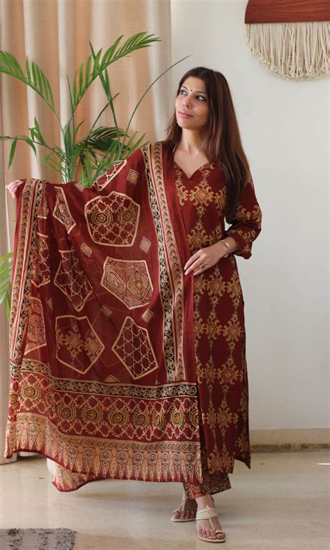 Cotton Red & Yellow Ajrakh Print Kurta, Pant & Printed dupatta – Baareeki